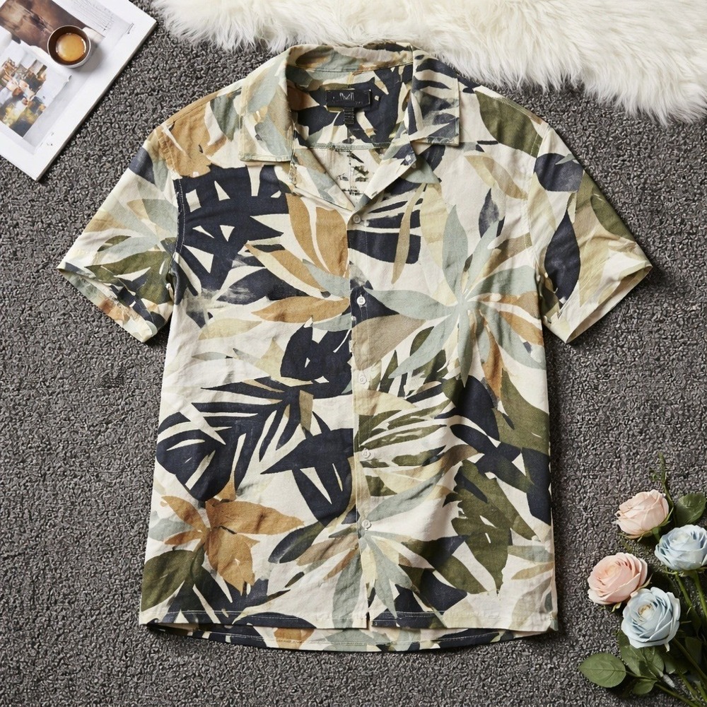 Magaschoni L Mens Tropical Leaf Print Camp Linen Blend Shirt Green Tan NWT $58